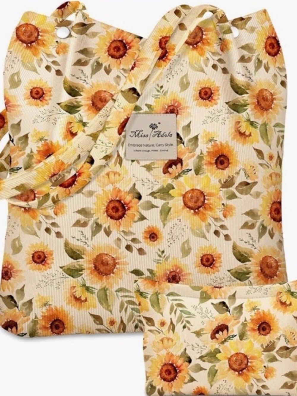 Sunflower Print Cream Tote Bag with Small Pouch